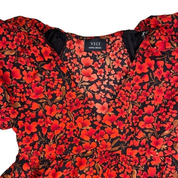 VICI Size XS Tiered Garden Party Dress w Allover Poppy Pattern & Balloon Sleeve - Picture 4 of 6